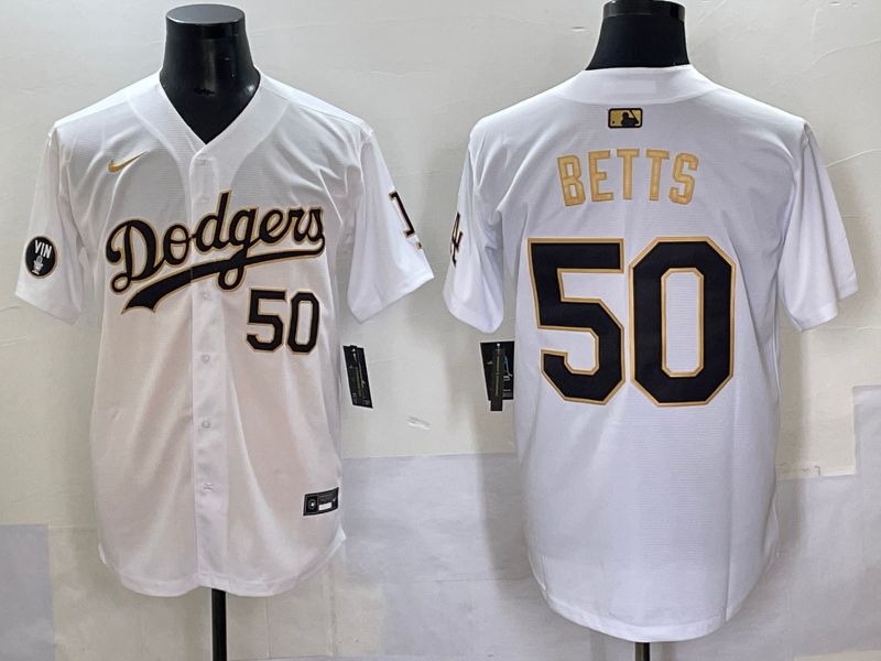 Men 2025 Los Angeles Dodgers #50 Betts White Gold Nike MLB Jersey style 6272